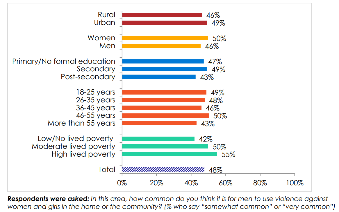 Chart describing that a majority of Zambians across different age groups and poverty levels say that violence against women and girls is common in their communities